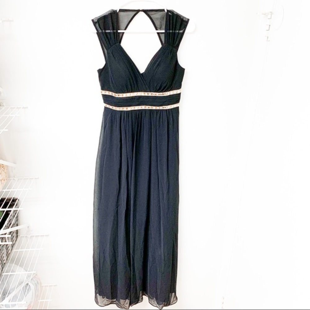 EverPretty Black Sheer Floor Length‎ Gown Gold White Rhinestone Detail Size 6